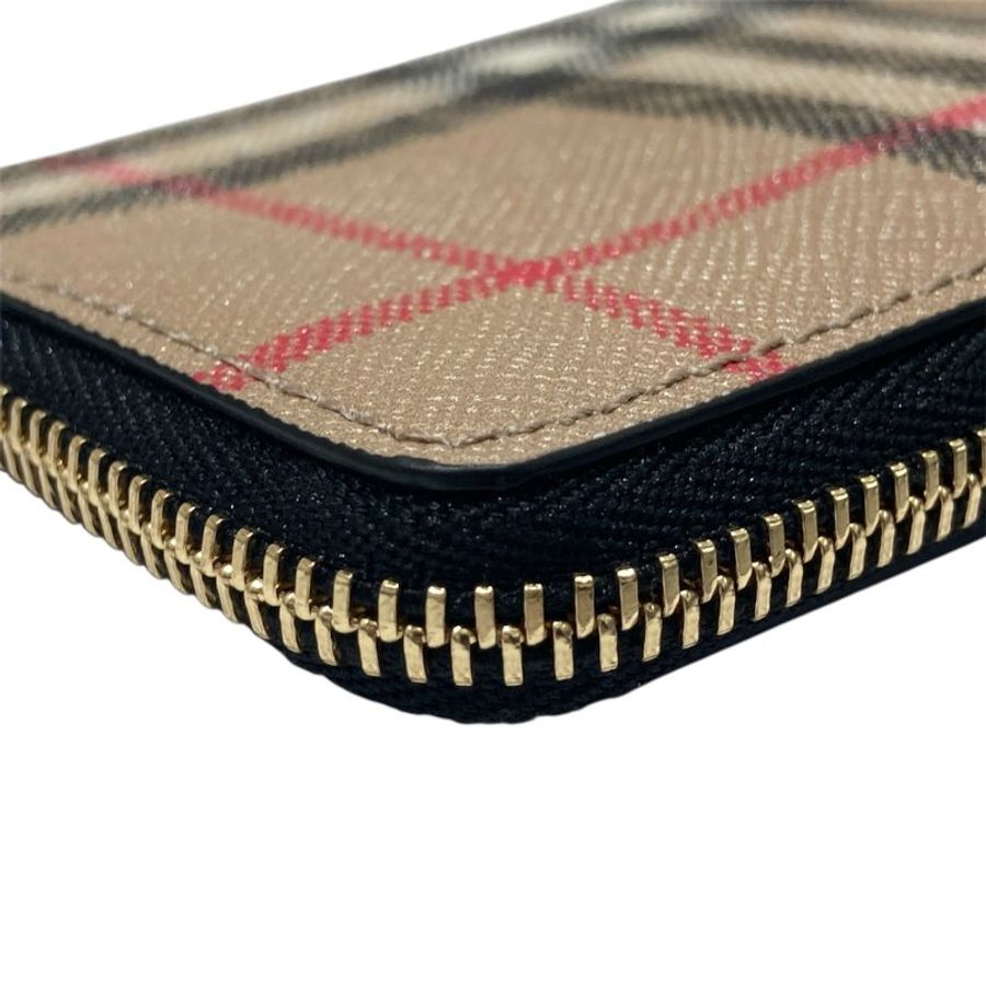 BURBERRY 博柏利 VINTAGE CHECK ZIPPED CARD CASE 拉鍊卡片夾 PVC 淺褐色 金釦-8