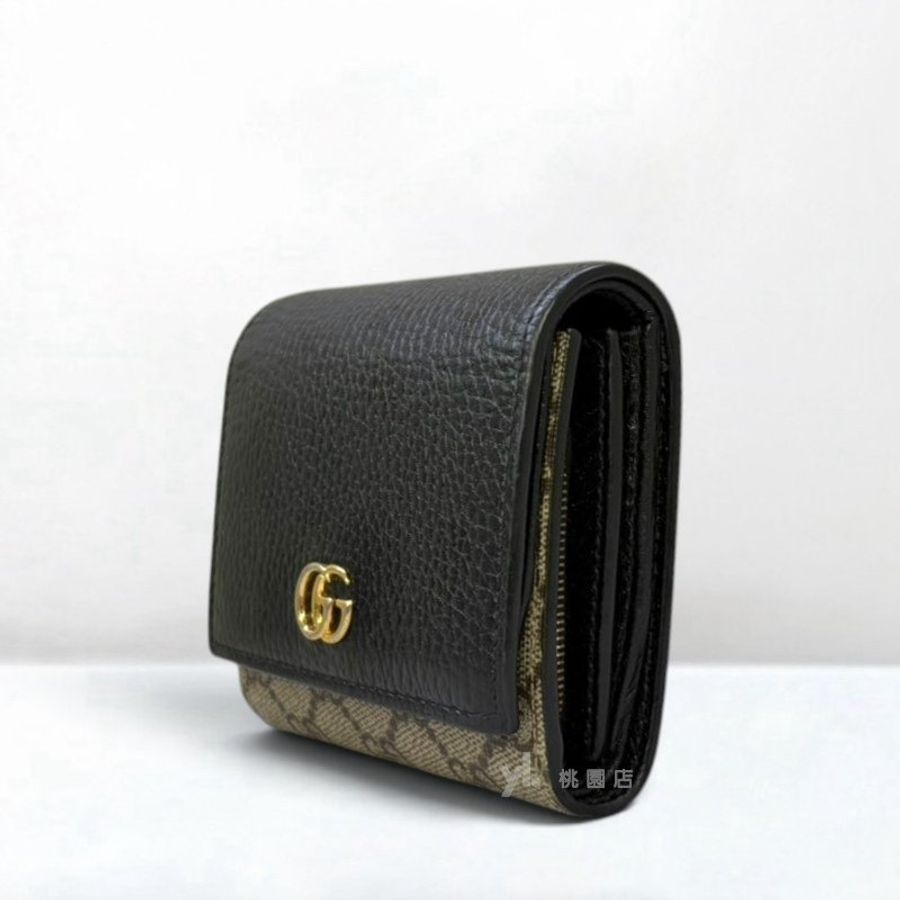 A13518-Gucci 黑色牛皮拚老花雙G壓釦二折中短夾598587-2