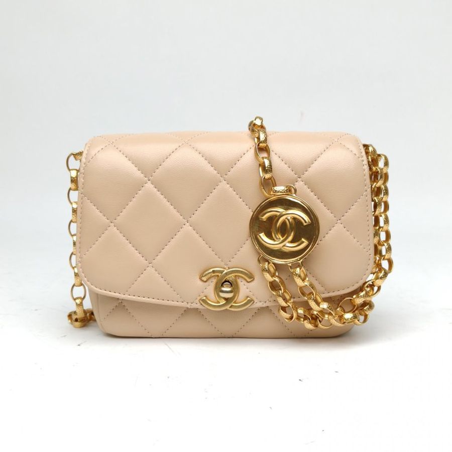 CHANEL CF口蓋包 方胖子 17cm 米色 羊皮 30開 金扣 金幣雕花-1