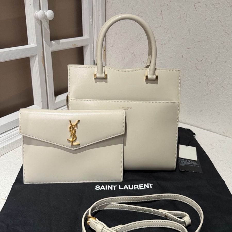 YSL/聖羅蘭 Uptown box 白色牛皮托特包 磁扣子母包斜挎包單肩包-0