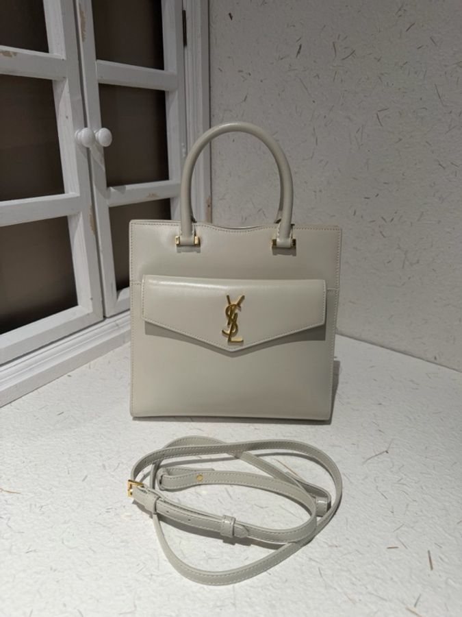 YSL/聖羅蘭 Uptown box 白色牛皮托特包 磁扣子母包斜挎包單肩包-3