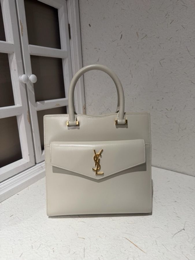 YSL/聖羅蘭 Uptown box 白色牛皮托特包 磁扣子母包斜挎包單肩包-4
