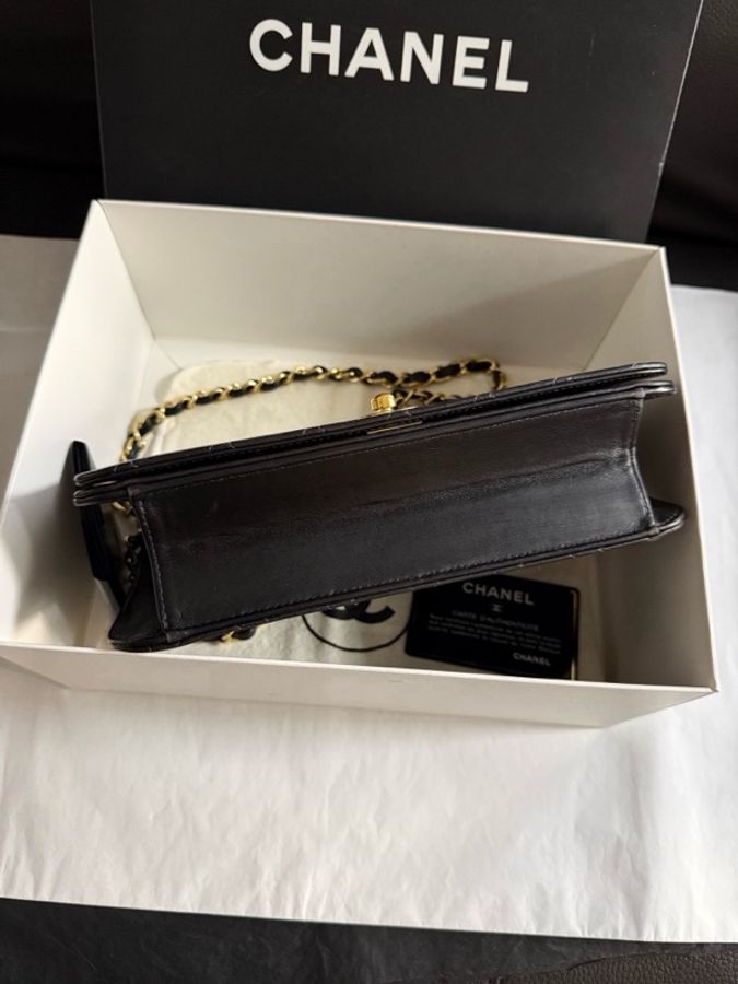 💎Chanel香奈兒|黑色金扣黑金羊皮中古款vintage woc鏈條單肩斜挎包|99新-5