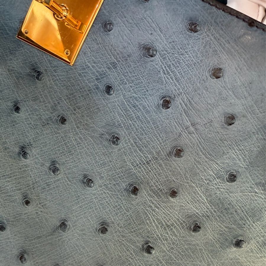 HERMES 藍色鴕鳥皮 外縫 金釦 kelly 28 凱莉包 手提包 肩背包-18