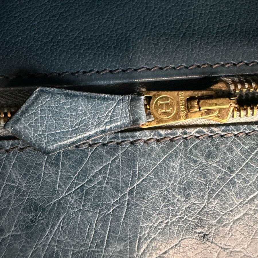 HERMES 藍色鴕鳥皮 外縫 金釦 kelly 28 凱莉包 手提包 肩背包-84