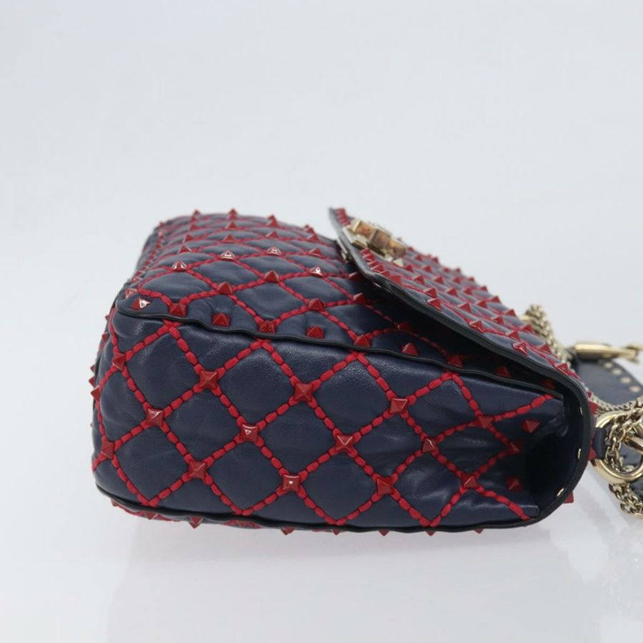 【日本直送】VALENTINO 鉚釘鏈條單肩包 皮革 2way 海軍藍 金色 Auth 198645M-2