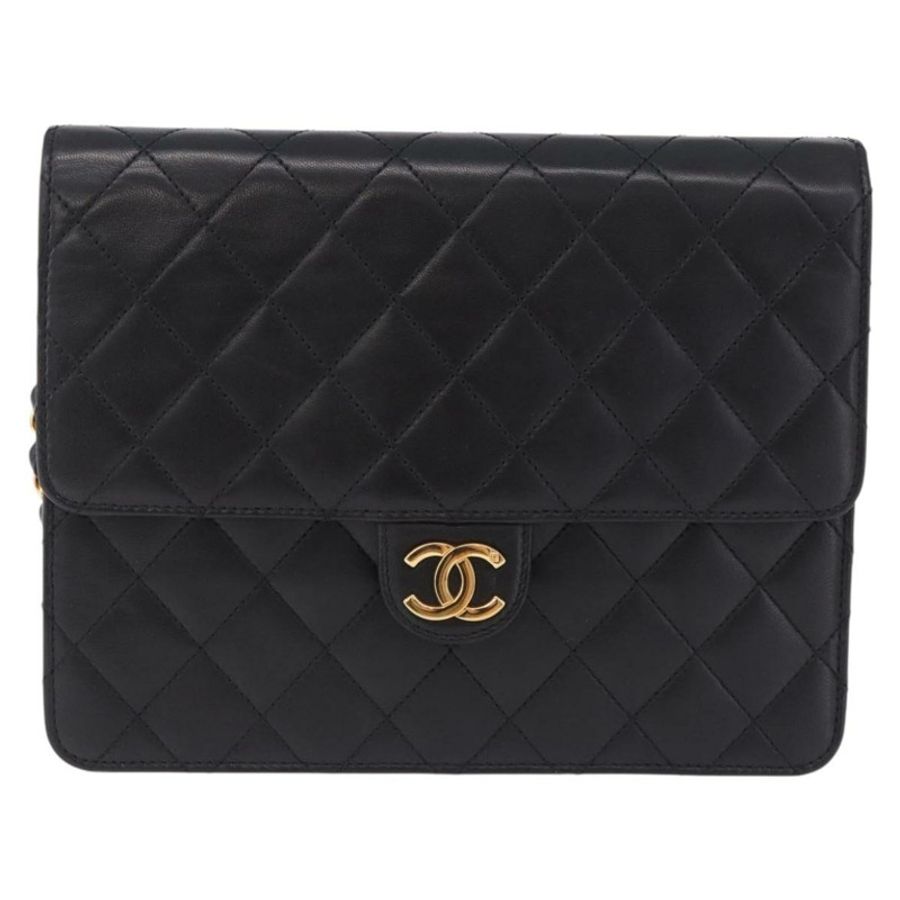 【日本直送】香奈兒 (CHANEL) 絎縫按扣肩背包，羊皮材質，黑色，金色雙C標誌，正品 am12544M-12