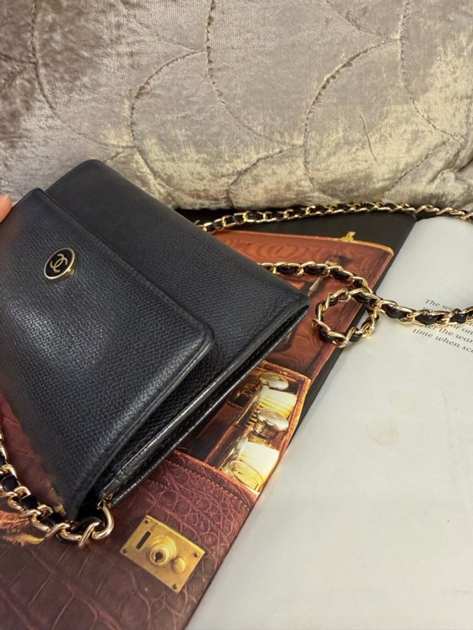 香奈兒 經典 絕版 中古 復古 鏈子皮夾 發財包 黑色 皮革 chanel black Wallet on Chain WOC 鏈條包 牛皮-9
