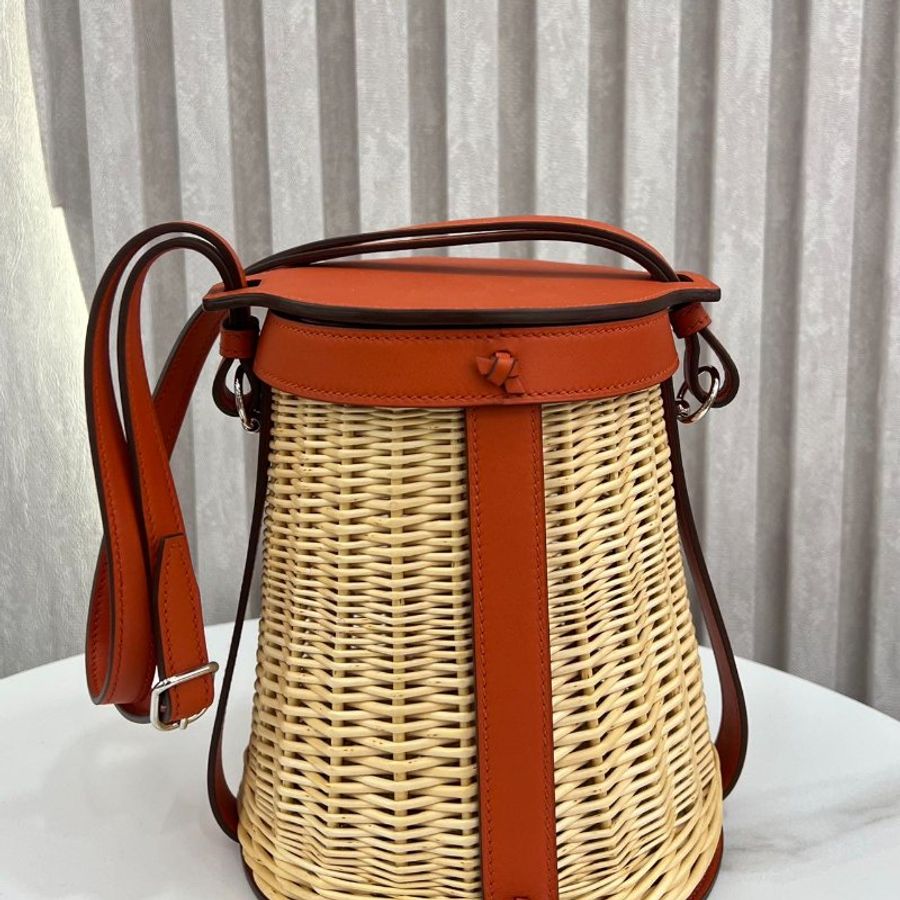 愛馬仕 Hermès Picnic 水桶包 橘紅色 竹編 銀扣|全新|Z刻-0