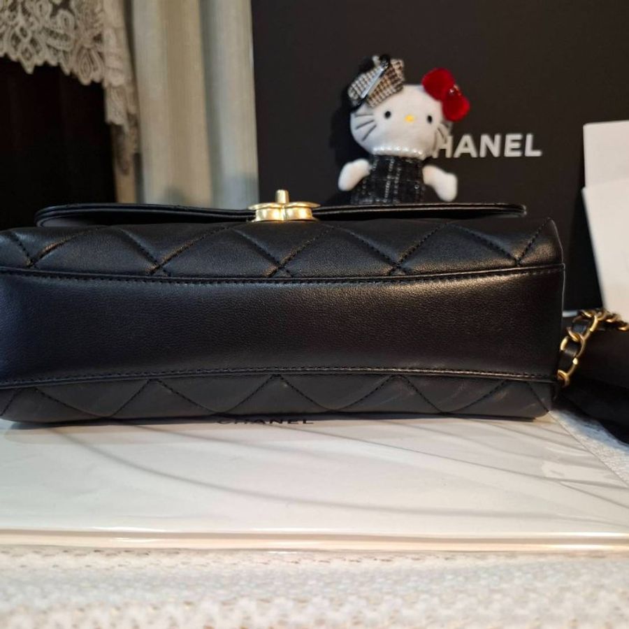 二手 Chanel 芯片款金鍊滿鑽字母金釦黑羊皮Handle Flap Bag 贈kitty吊飾-10