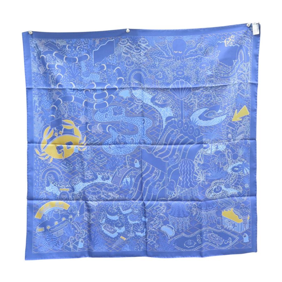 藍色 絲綢 Splash Park Double Face Scarf 90 雙面 方巾【HERMES 愛馬仕】 H903806S 02-1