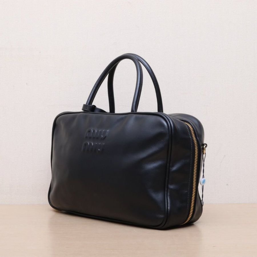MIUMIU 保齡球公文包logo刻印徽標長手柄黑色牛皮革-3