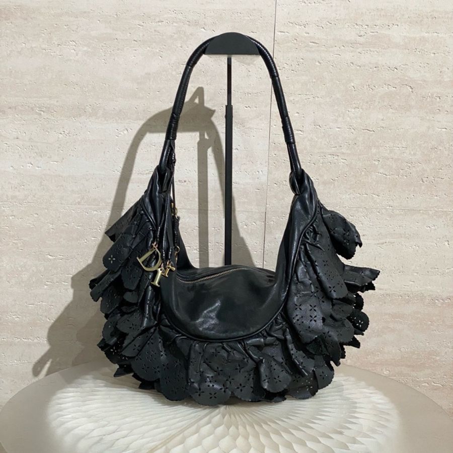 【日系復古🇯🇵帥氣千金😎】Dior 黑色荷葉蕾絲 中古包|hobo 流浪包|單肩包|托特包-2