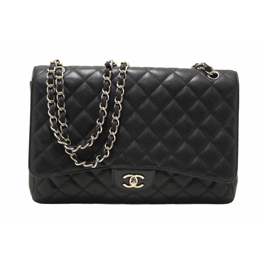 Chanel Classic Black Single Flap Caviar Leather Maxi Chain Shoulder Bag-0