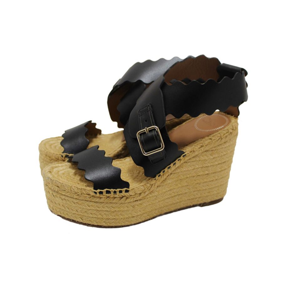 Chloe Black Nubuck Leather Lauren Wedge Espadrille Sandal Shoes Size 37-0