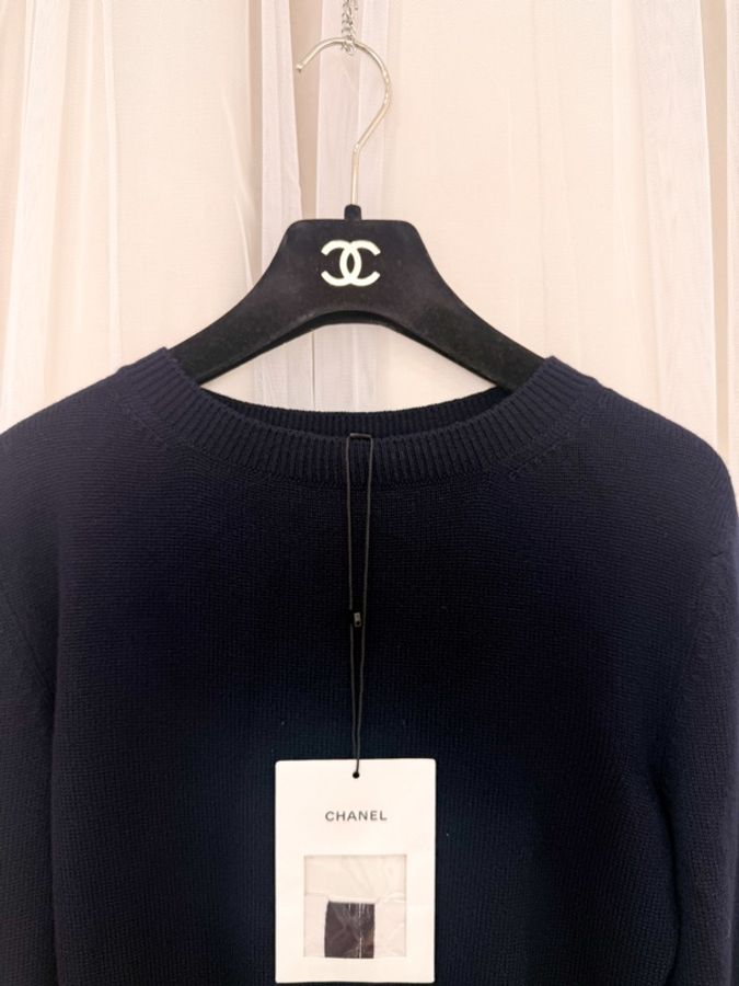 Chanel 16K 海軍藍白條紋羊絨連身針織短裙-6