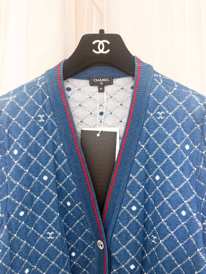 Chanel 20P 藍色菱格雙C針織外套-5