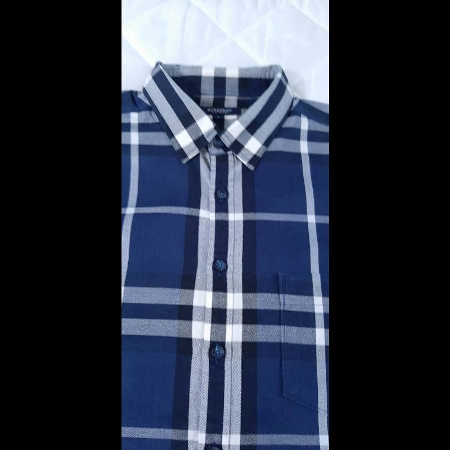 (日本製MIJ)BURBERRY 博柏利 LONDON 男藍白灰馬德拉斯格紋長袖襯衫L-2