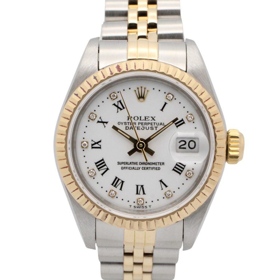 勞力士 Datejust 10P 鑲鑽腕錶,序號 96,18K(黃金)不鏽鋼,女士款,白色錶盤,羅馬數字時標,老款,69173G-0