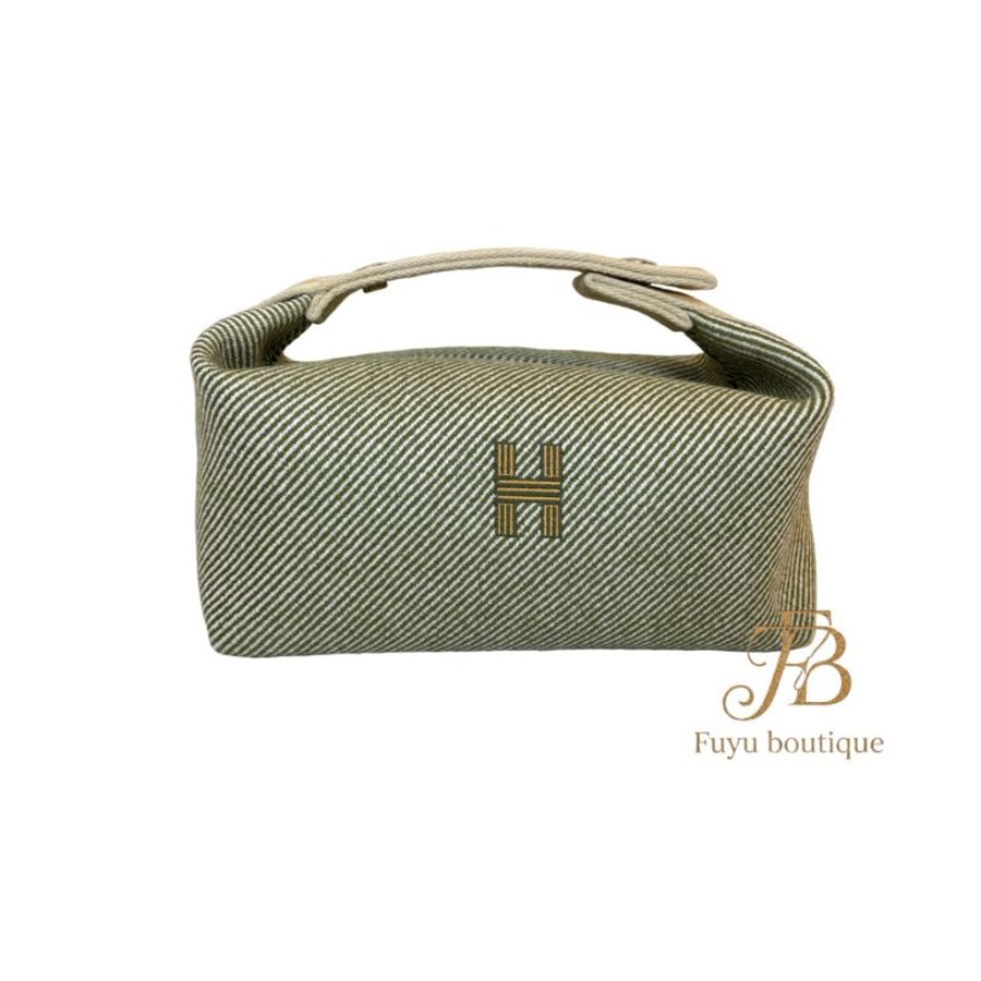 【H0029】HERMES 森林綠/米黃色羊毛 Bride-a-Brac 收納包 (PM)-0