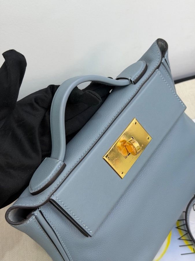 Hermès 愛馬仕2424Mini亞麻藍內拼海鷗灰 淡金扣 Evercolor皮 肩帶 塵袋。-5
