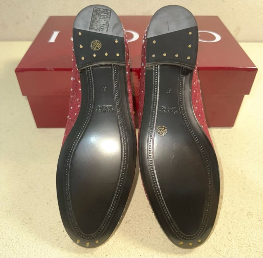 Gucci 古馳 經典logo滿印水鑽樂福鞋 休閒鞋 最熱門的大爆款 高貴奢華 女款 安哥拉紅36*36.5-5