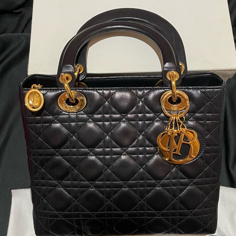 Christian Dior LADY DIOR 金釦黑黛妃包手提包 肩背包5x5-15