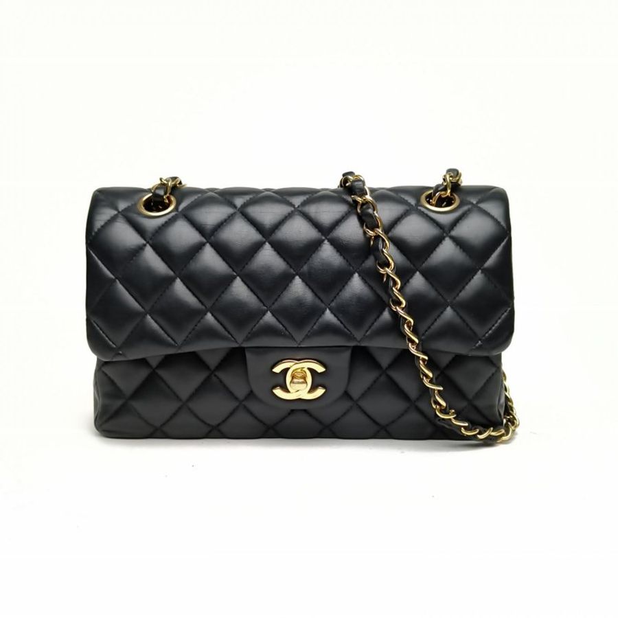 Chanel CF 口蓋包 中號 25.5cm 黑色 羊皮 29開 金扣 菱格紋-1