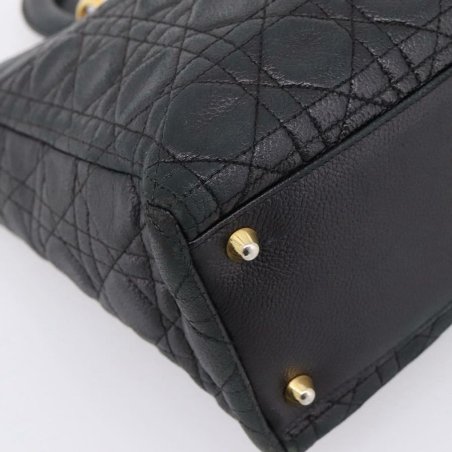 【日本直送】Christian Dior Lady Dior Canage 手提包,黑色皮革,金色飾邊,正品 207288A-13
