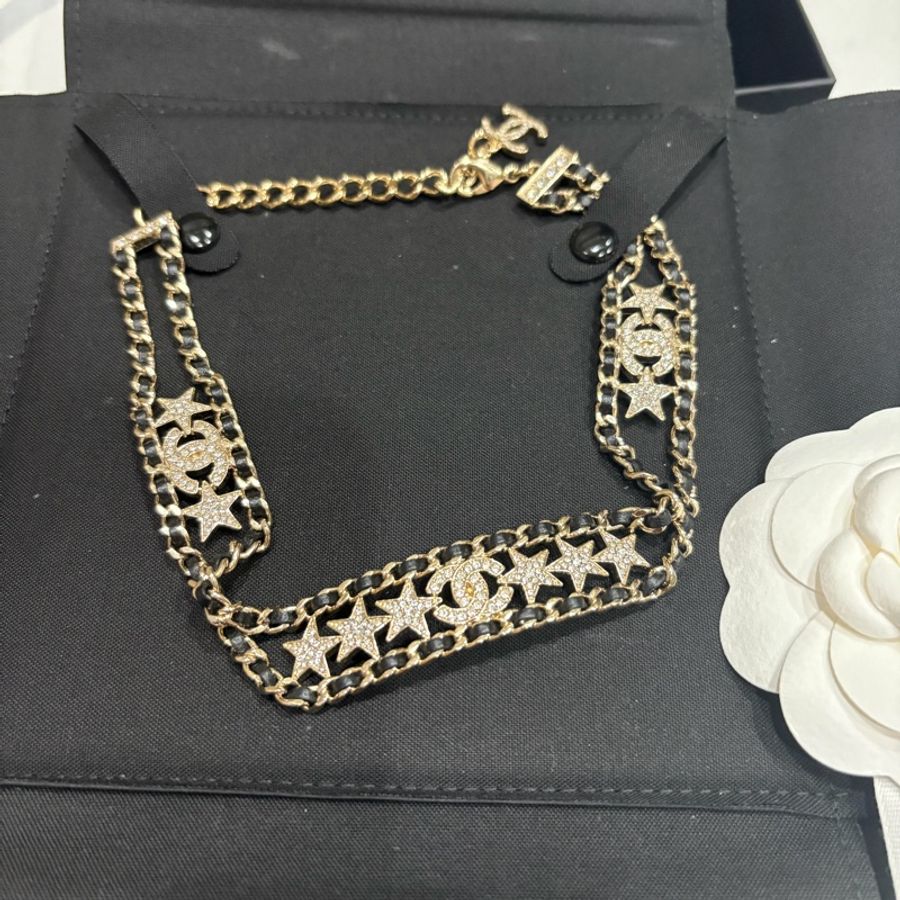 Chanel|專櫃正品 滿鑽星星雙C皮穿鏈choker項鍊-2